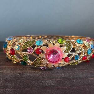 Vintage Floral Rhinestone and Enamel Openwork Bangle Bracelet Costume Jewlry MCM